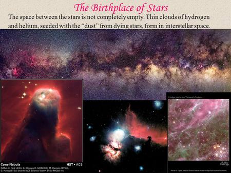 The Birthplace of Stars The space between the stars is not completely empty. Thin clouds of hydrogen and helium, seeded with the “dust” from dying stars,