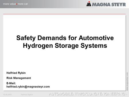 18.08.2005Helfried Rybin 1 www.magnasteyr.com AUTOMOBILENTWICKLUNG / ENGINEERING Safety Demands for Automotive Hydrogen Storage Systems Helfried Rybin.
