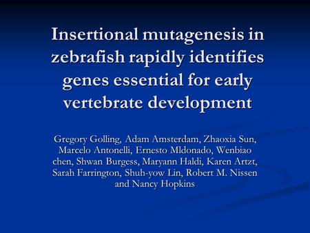 Insertional mutagenesis in zebrafish rapidly identifies genes essential for early vertebrate development Gregory Golling, Adam Amsterdam, Zhaoxia Sun,