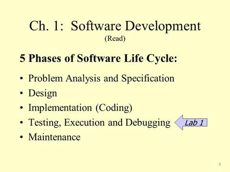 Ch. 1: Software Development (Read) 5 Phases of Software Life Cycle: Problem Analysis and Specification Design Implementation (Coding) Testing, Execution.