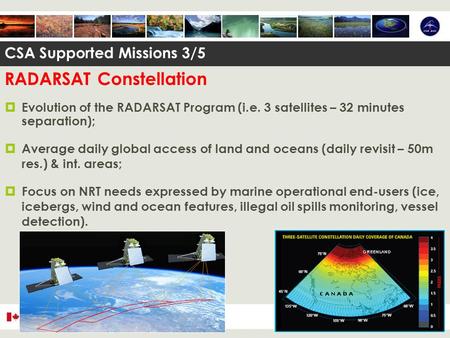 RADARSAT Constellation  Evolution of the RADARSAT Program (i.e. 3 satellites – 32 minutes separation);  Average daily global access of land and oceans.
