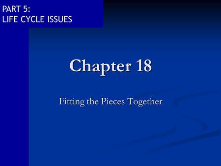 PART 5: LIFE CYCLE ISSUES Chapter 18 Fitting the Pieces Together.