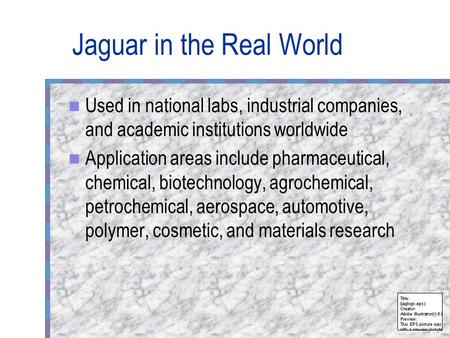 Jaguar in the Real World Used in national labs, industrial companies, and academic institutions worldwide Application areas include pharmaceutical, chemical,