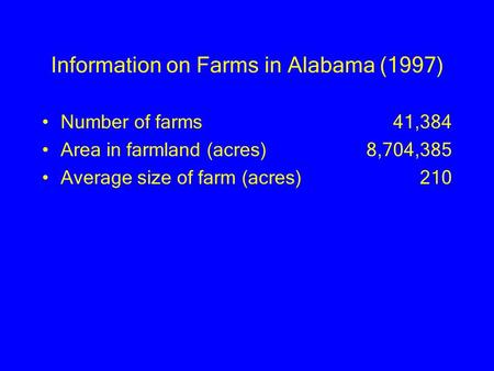 Information on Farms in Alabama (1997) Number of farms Area in farmland (acres) Average size of farm (acres) 41,384 8,704,385 210.