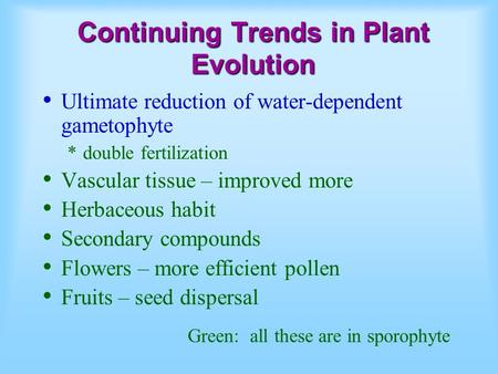 Continuing Trends in Plant Evolution Ultimate reduction of water-dependent gametophyte *double fertilization Vascular tissue – improved more Herbaceous.