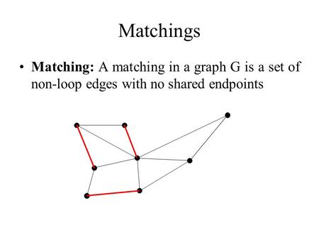 Matchings Matching: A matching in a graph G is a set of non-loop edges with no shared endpoints.