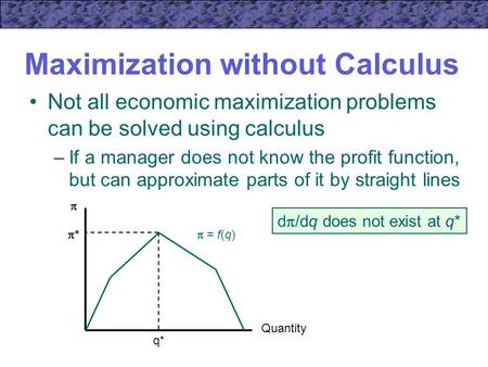 Maximization without Calculus Not all economic maximization problems can be solved using calculus –If a manager does not know the profit function, but.