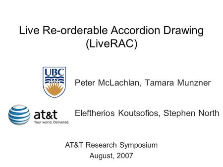 Live Re-orderable Accordion Drawing (LiveRAC) Peter McLachlan, Tamara Munzner Eleftherios Koutsofios, Stephen North AT&T Research Symposium August, 2007.