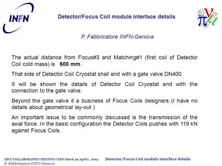 MICE COLLABORATION MEETING CERN March 29-April 1, 2004 Detector/Focus Coil module interface details P. Fabbricatore INFN-Genova Detector/Focus Coil module.