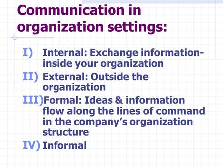 Communication in organization settings: I) Internal: Exchange information- inside your organization II) External: Outside the organization III) Formal:
