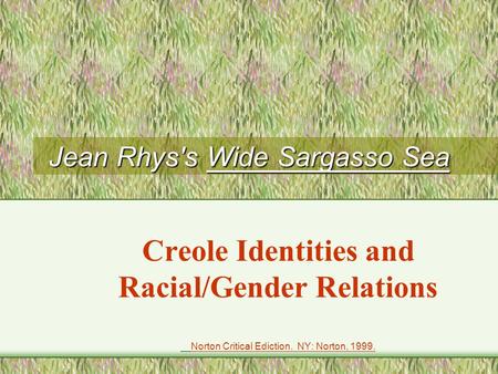 Jean Rhys's Wide Sargasso Sea Creole Identities and Racial/Gender Relations Norton Critical Ediction. NY: Norton, 1999.