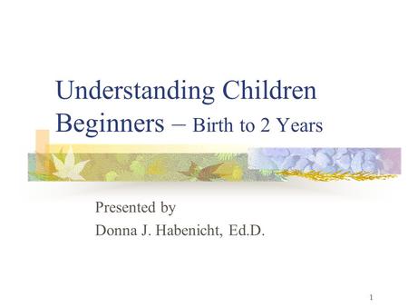 1 Understanding Children Beginners – Birth to 2 Years Presented by Donna J. Habenicht, Ed.D.