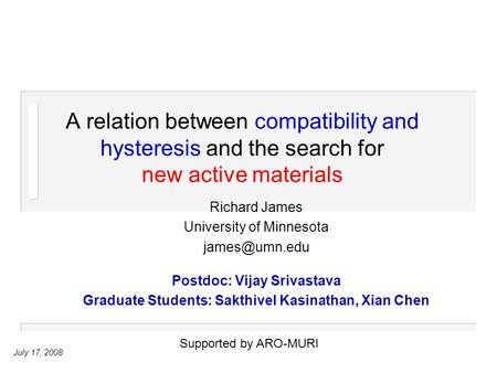 July 17, 2008 A relation between compatibility and hysteresis and the search for new active materials Richard James University of Minnesota