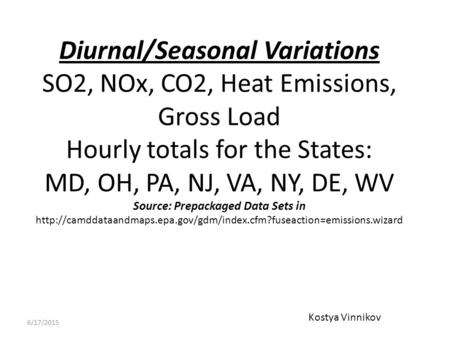 Diurnal/Seasonal Variations SO2, NOx, CO2, Heat Emissions, Gross Load Hourly totals for the States: MD, OH, PA, NJ, VA, NY, DE, WV Source: Prepackaged.