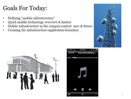 Goals For Today: 1 Defining “mobile infrastructure” Quick mobile technology overview & history Mobile infrastructure in the campus context: now & future.