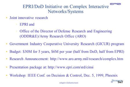 Adaptive Infrastructures EPRI/DoD Initiative on Complex Interactive Networks/Systems Joint innovative research ·EPRI and ·Office of the Director of Defense.