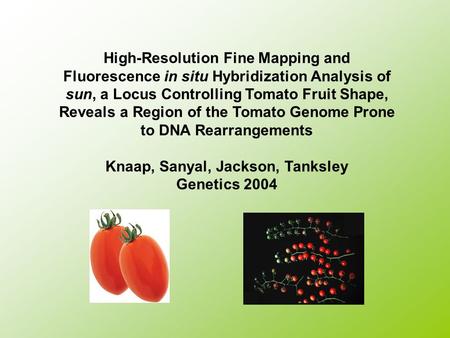High-Resolution Fine Mapping and Fluorescence in situ Hybridization Analysis of sun, a Locus Controlling Tomato Fruit Shape, Reveals a Region of the Tomato.