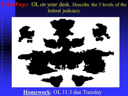 Homework: OL 11.3 due Tuesday FrontPage: OL on your desk. Describe the 3 levels of the federal judiciary.