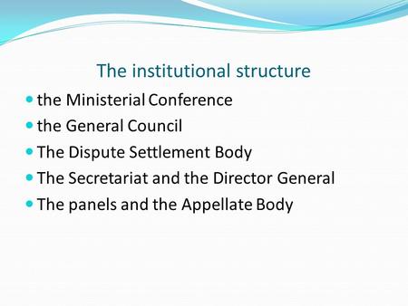 The institutional structure the Ministerial Conference the General Council The Dispute Settlement Body The Secretariat and the Director General The panels.