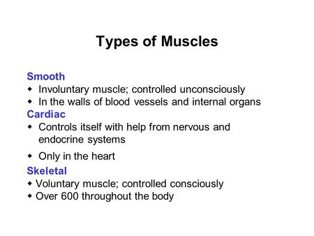Types of Muscles Smooth  Involuntary muscle; controlled unconsciously  In the walls of blood vessels and internal organs Cardiac  Controls itself with.