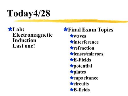 Today4/28  Lab: Electromagnetic Induction Last one!  Final Exam Topics  waves  interference  refraction  lenses/mirrors  E-Fields  potential 