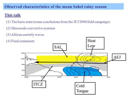 Observed characteristics of the mean Sahel rainy season This talk (1) The basic state (some conclusions from the JET2000 field campaign) (2) Mesoscale.