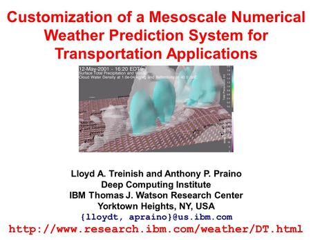 Customization of a Mesoscale Numerical Weather Prediction System for Transportation Applications Lloyd A. Treinish and Anthony P. Praino Deep Computing.