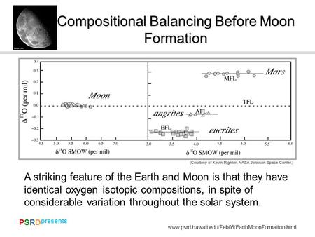 PSRDPSRD presents www.psrd.hawaii.edu/Feb08/EarthMoonFormation.html Compositional Balancing Before Moon Formation A striking feature of the Earth and Moon.