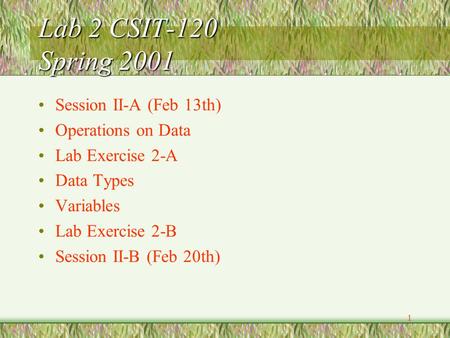1 Lab 2 CSIT-120 Spring 2001 Session II-A (Feb 13th) Operations on Data Lab Exercise 2-A Data Types Variables Lab Exercise 2-B Session II-B (Feb 20th)