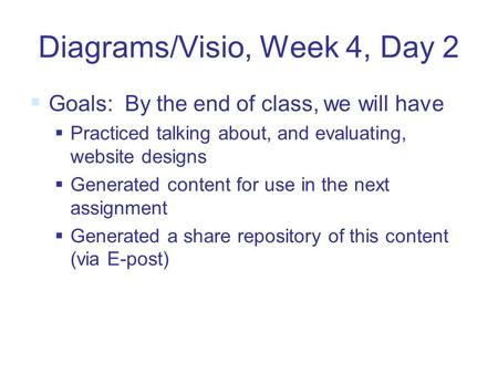 Diagrams/Visio, Week 4, Day 2  Goals: By the end of class, we will have  Practiced talking about, and evaluating, website designs  Generated content.