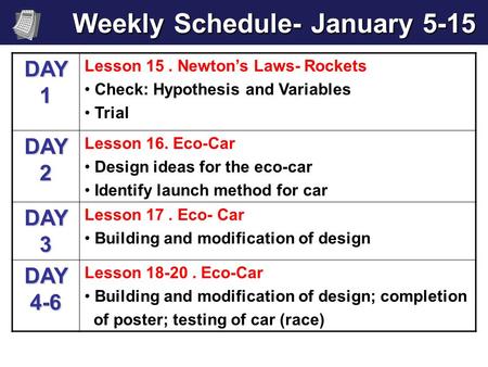 Weekly Schedule- January 5-15 Weekly Schedule- January 5-15 DAY 1 Lesson 15. Newton’s Laws- Rockets Check: Hypothesis and Variables Trial DAY 2 Lesson.