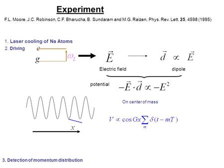 Experiment F.L. Moore, J.C. Robinson, C.F. Bharucha, B. Sundaram and M.G. Raizen, Phys. Rev. Lett. 25, 4598 (1995) 1. Laser cooling of Na Atoms 2. Driving.
