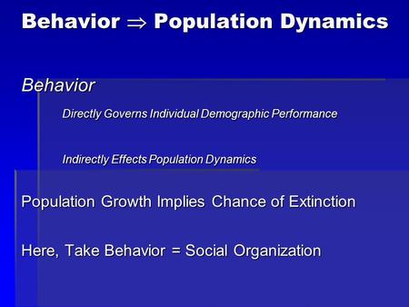 Behavior  Population Dynamics Behavior Directly Governs Individual Demographic Performance Indirectly Effects Population Dynamics Population Growth Implies.