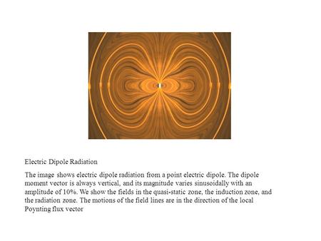 Electric Dipole Radiation The image shows electric dipole radiation from a point electric dipole. The dipole moment vector is always vertical, and its.