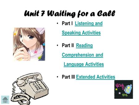 Unit 7 Waiting for a Call Part I Listening and Speaking ActivitiesListening and Speaking Activities Part II Reading Comprehension andReading Comprehension.