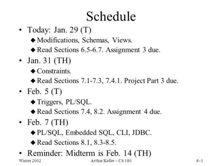 Winter 2002Arthur Keller – CS 1808–1 Schedule Today: Jan. 29 (T) u Modifications, Schemas, Views. u Read Sections 6.5-6.7. Assignment 3 due. Jan. 31 (TH)