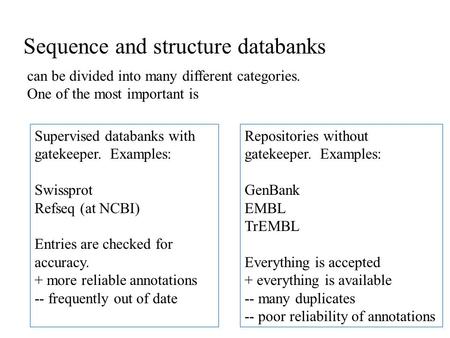 Sequence and structure databanks can be divided into many different categories. One of the most important is Supervised databanks with gatekeeper. Examples: