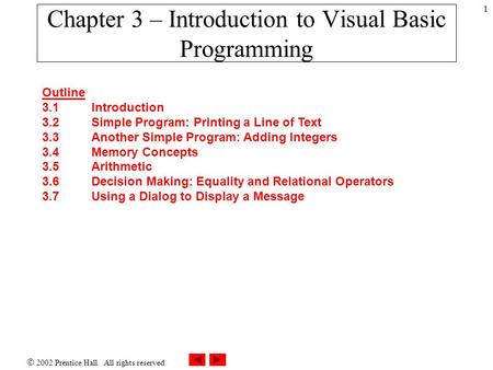  2002 Prentice Hall. All rights reserved. 1 Outline 3.1Introduction 3.2Simple Program: Printing a Line of Text 3.3Another Simple Program: Adding Integers.