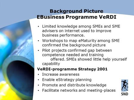 Background Picture EBusiness Programme VeRDI  Limited knowledge among SMEs and SME advisers on internet used to improve business performance.  Workshops.