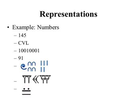 Representations Example: Numbers –145 –CVL –10010001 –91 –