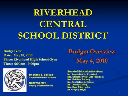 RIVERHEAD CENTRAL SCHOOL DISTRICT Budget Overview May 4, 2010 Board of Education Members : Ms. Angela DeVito, President Mrs. Christine Prete, Vice President.