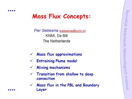 Mass Flux Concepts:  Pier Siebesma KNMI, De Bilt The Netherlands Mass flux approximations Entraining Plume model Mixing.