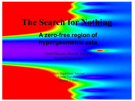 A zero-free region of hypergeometric zeta Abdul Hassen, Hieu D. Nguyen Rowan University Math Department Seminar Rowan University October 5, 2005 The Search.