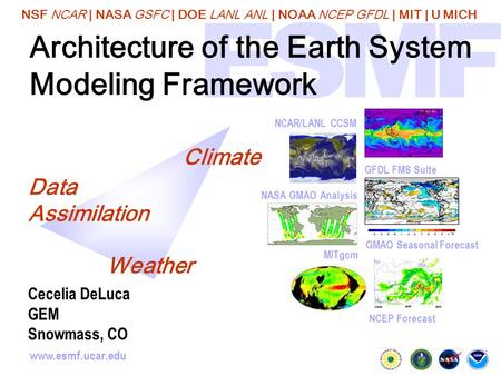 NSF NCAR | NASA GSFC | DOE LANL ANL | NOAA NCEP GFDL | MIT | U MICH www.esmf.ucar.edu Architecture of the Earth System Modeling Framework GMAO Seasonal.
