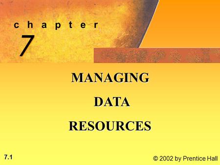 7.1 © 2002 by Prentice Hall c h a p t e r 7 7 MANAGING DATA DATARESOURCES.