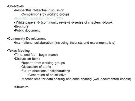 Objectives Respectful intellectual discussion Comparisons by working groups Scientific report (Lynch + …???) White papers  (community review)  series.