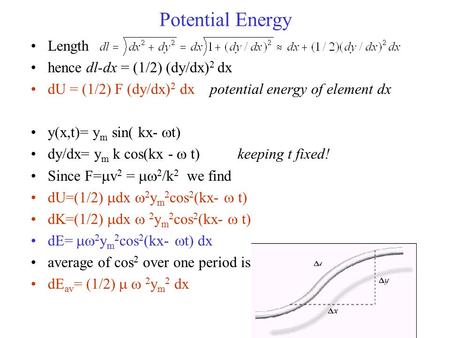 Potential Energy Length hence dl-dx = (1/2) (dy/dx) 2 dx dU = (1/2) F (dy/dx) 2 dx potential energy of element dx y(x,t)= y m sin( kx-  t) dy/dx= y m.