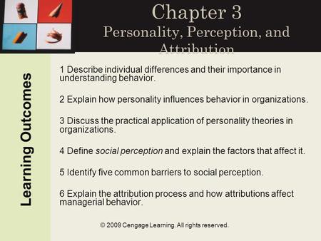 © 2009 Cengage Learning. All rights reserved. Chapter 3 Personality, Perception, and Attribution 1 Describe individual differences and their importance.