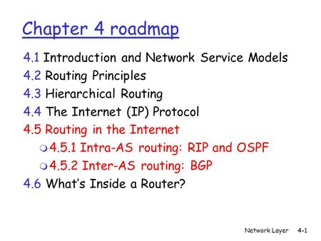 Network Layer4-1 Chapter 4 roadmap 4.1 Introduction and Network Service Models 4.2 Routing Principles 4.3 Hierarchical Routing 4.4 The Internet (IP) Protocol.