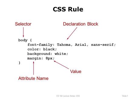 CS 142 Lecture Notes: CSSSlide 1 body { font-family: Tahoma, Arial, sans-serif; color: black; background: white; margin: 8px; } SelectorDeclaration Block.